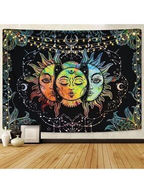 Psychedelic Burning Sun Moon Stars Tapestry Mandala Living Room Bedroom Dorm NWT